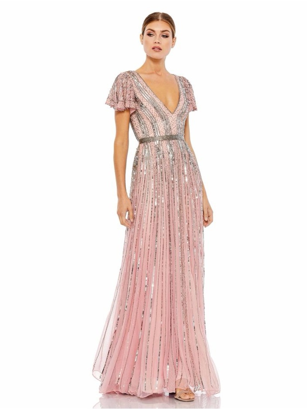 Mac Duggal Beaded Flutter Sleeve Maxi Dress